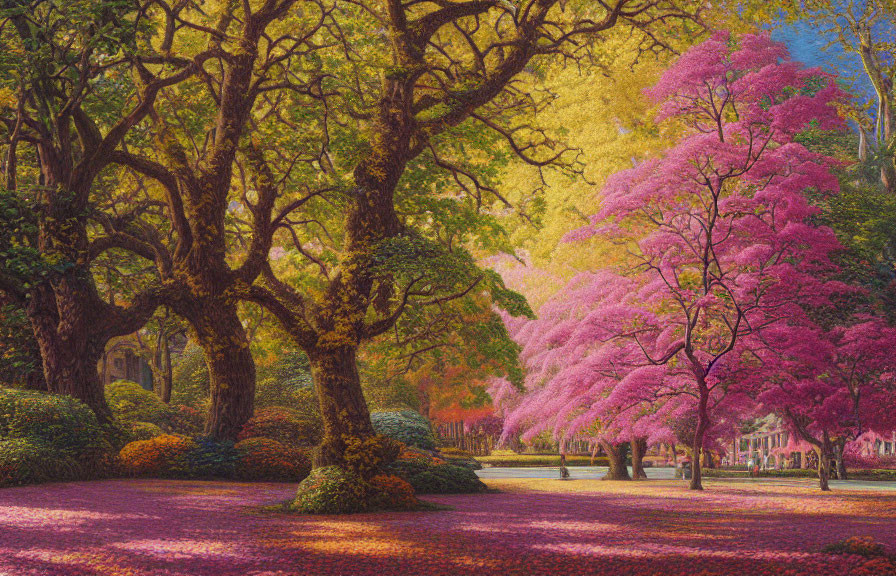 Scenic park with pink cherry blossoms and golden foliage