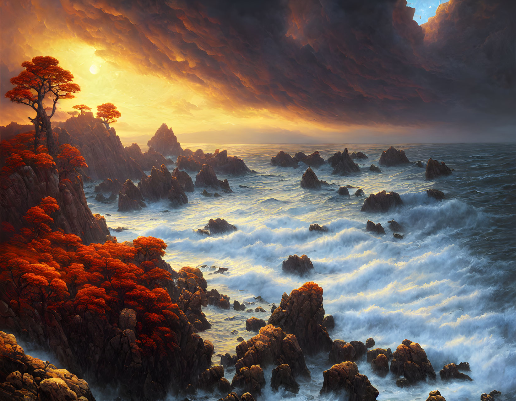 Dramatic sunset seascape with orange cliffside foliage and tumultuous waves