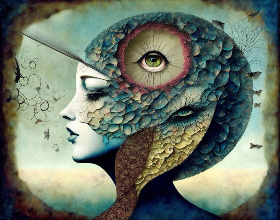 Surreal profile artwork with scales, eye-brain, and nature elements.