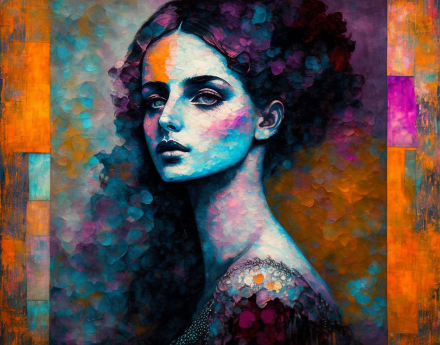 Vibrant mosaic background with contemplative woman portrait