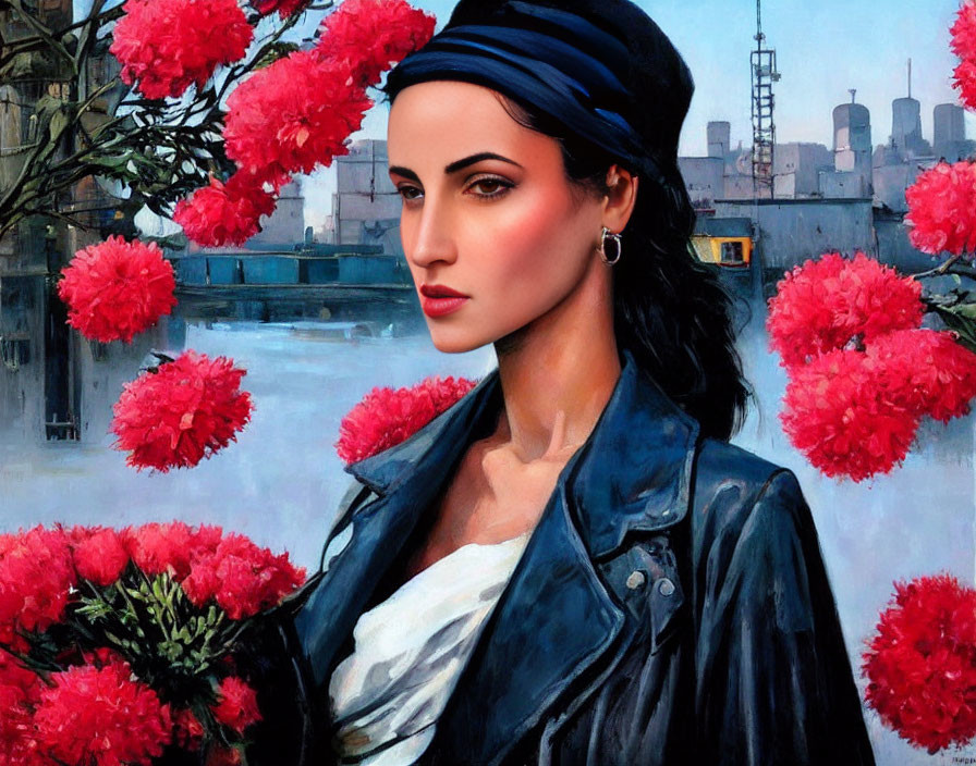 Dark-haired woman in blue headscarf and leather jacket poses by red flowers with city skyline.