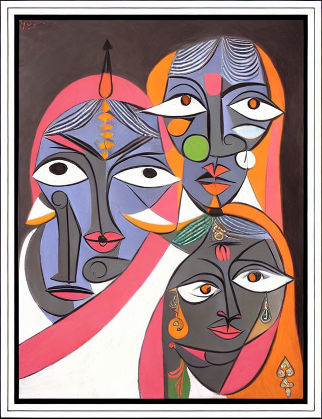 Vibrant abstract art: stylized faces with bold eyes in orange, black, gray, and