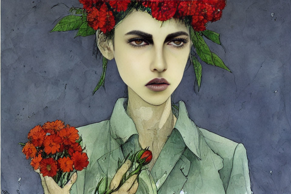 Portrait of stern-faced woman with dark hair and red flower crown holding red flowers