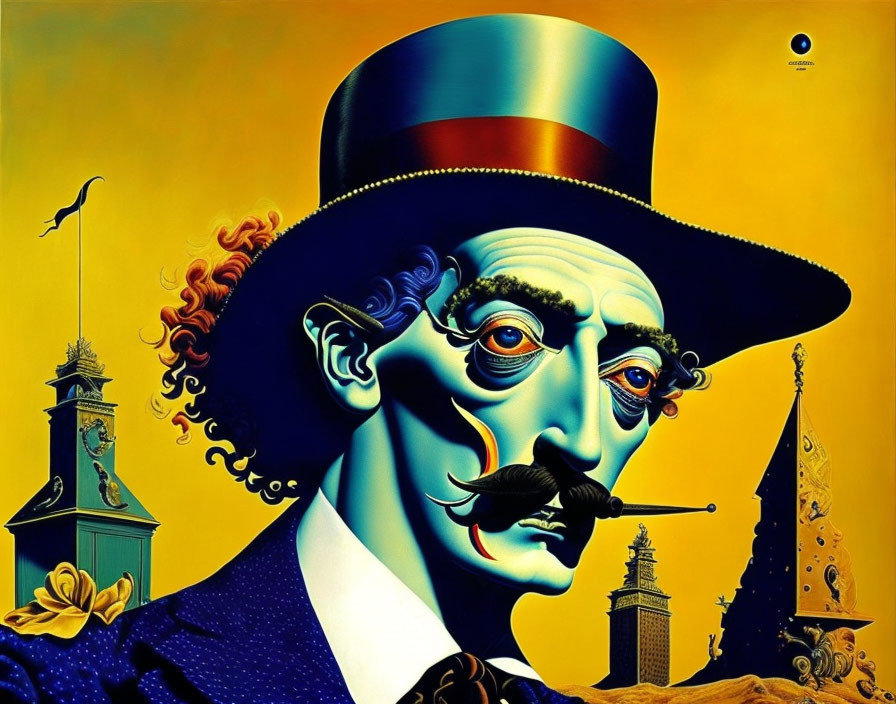 Surrealist portrait of a man with top hat in fantastical setting