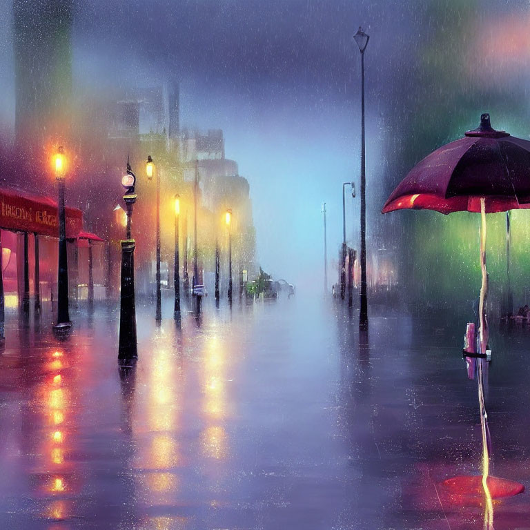 City street in rain with wet pavement, street lamps, mist, and red umbrella.