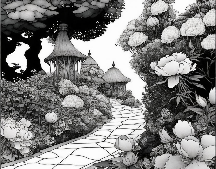 Monochrome whimsical garden with cobblestone path & oversized flowers