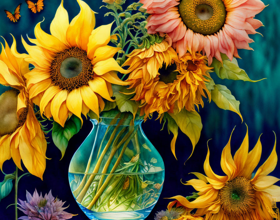 Vivid sunflower bouquet in glass vase on dark background