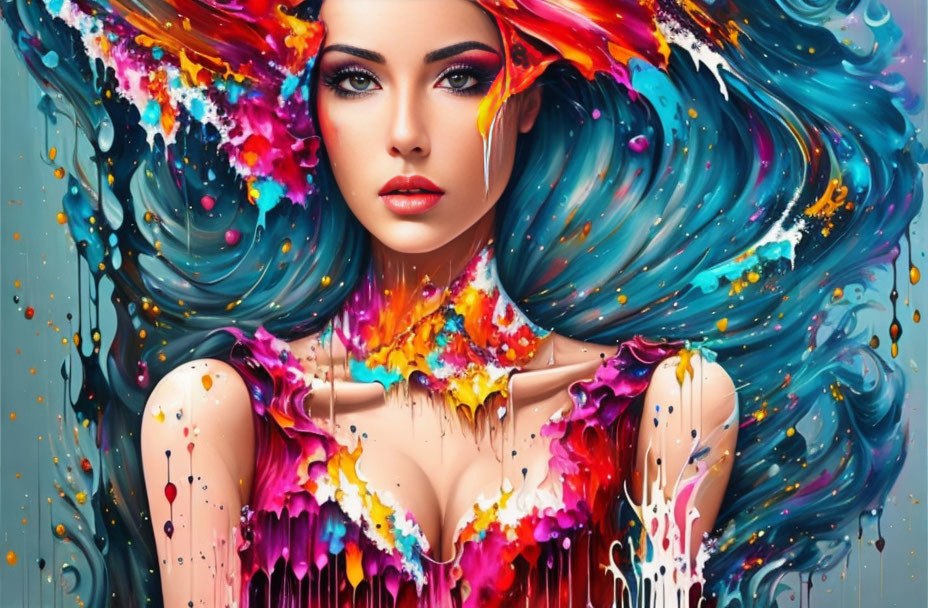 Colorful digital artwork: Woman with flowing hair and paint splashes.