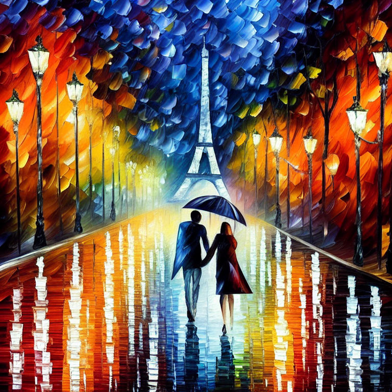 Colorful painting of couple under umbrella near Eiffel Tower