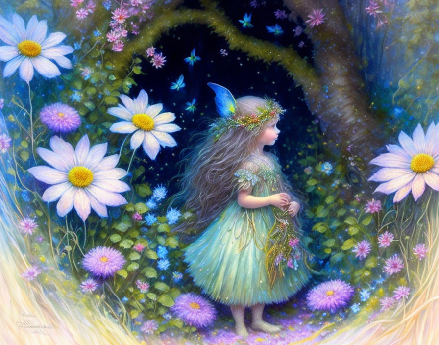 Illustration: Whimsical fairy in blue dress among daisies and starry portal