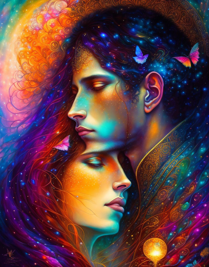 Colorful cosmic-themed man and woman profiles with butterflies and celestial orbs.