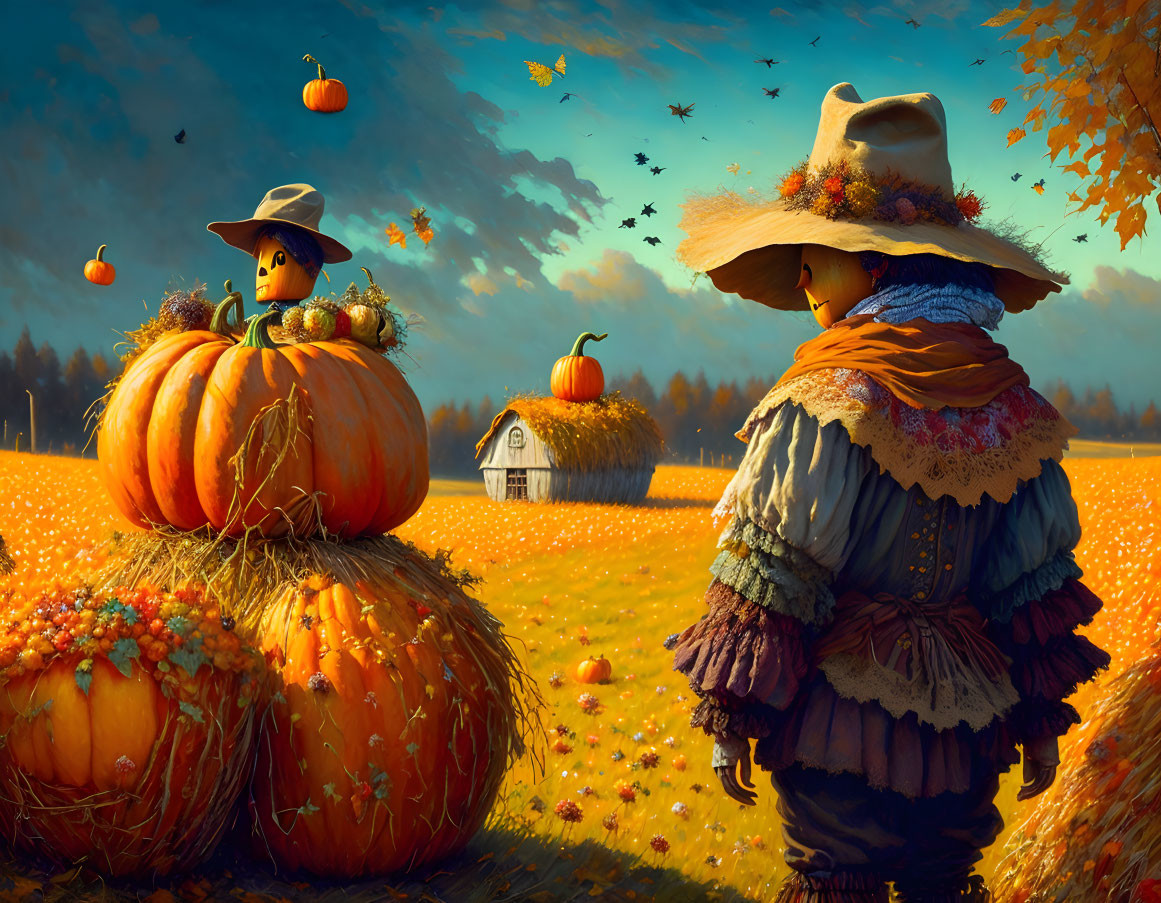 Scarecrows on pumpkin field with quaint house in autumn