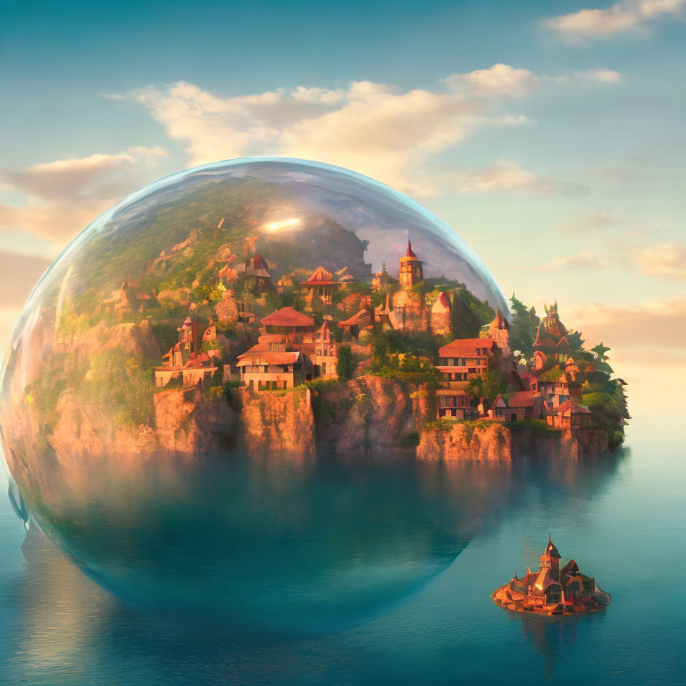 Transparent sphere floating above sea with island town at sunrise