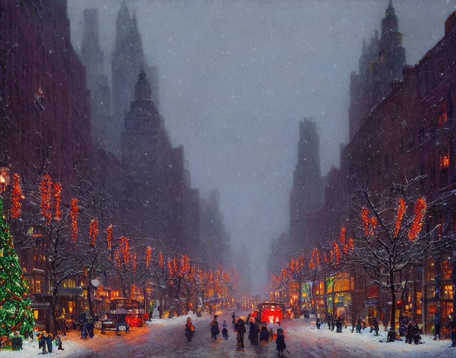City street at dusk with festive lights and snowfall