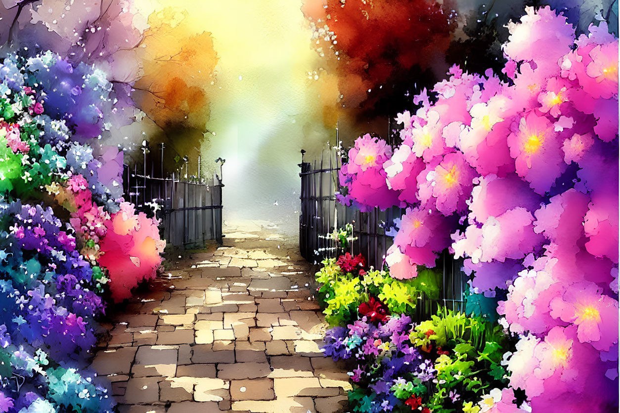 Colorful Garden Path with Open Gate and Sunlight Amid Lush Flowers