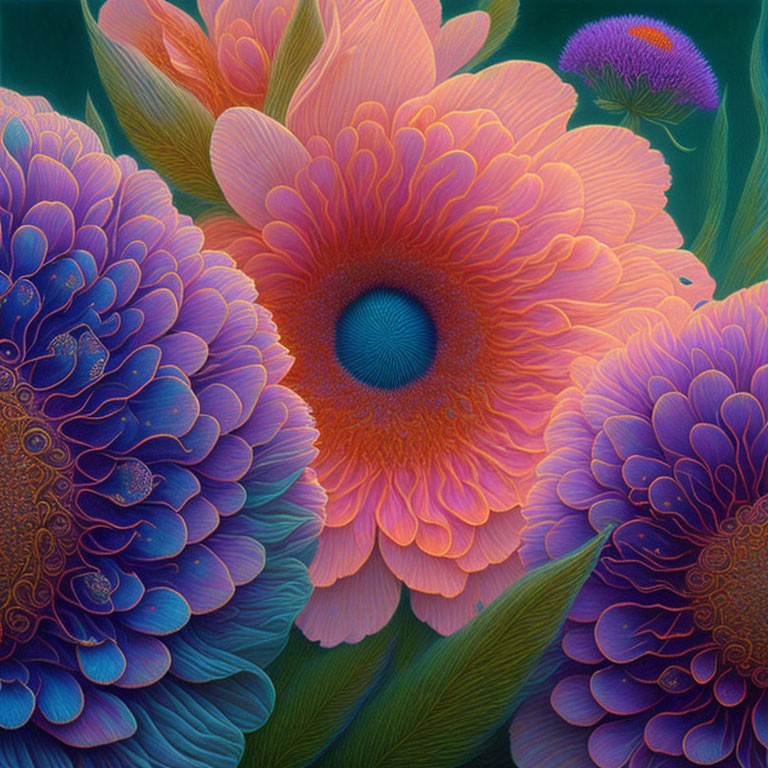 Colorful digital artwork: Stylized flowers in blue, purple, and pink