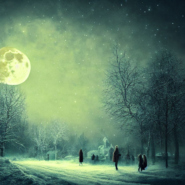 Snowy Moonlit Night: People Walking in Glowing Green Sky