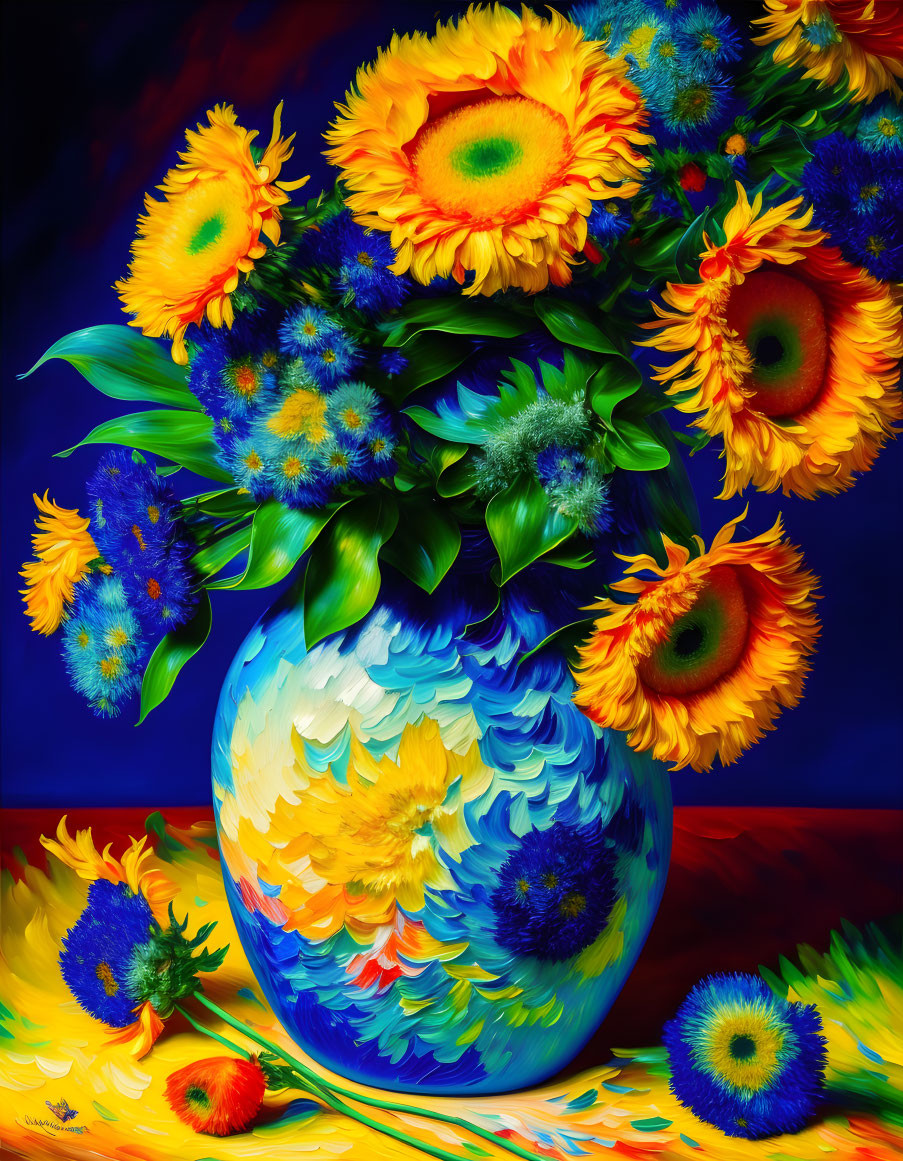 Colorful Still-Life Painting: Sunflowers and Blue Flowers in Decorated Vase