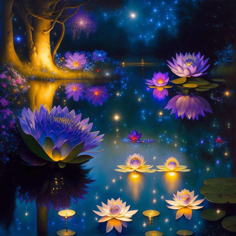 Vibrant water lilies in mystical nighttime pond scene