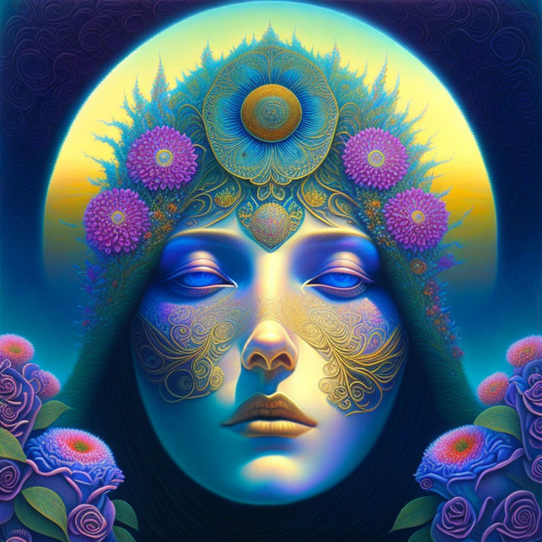 Colorful digital art portrait with intricate patterns and floral surroundings against a celestial backdrop.