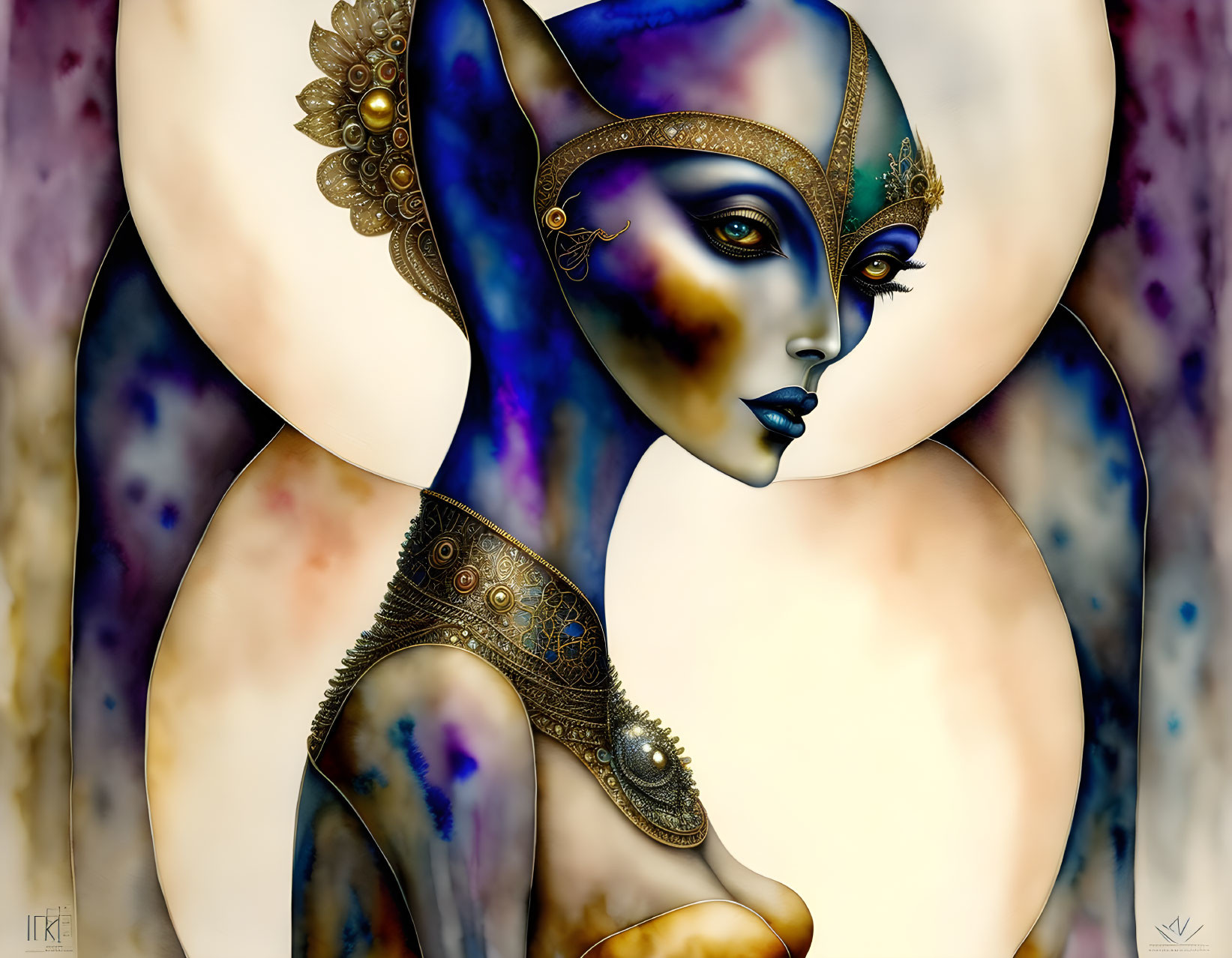 Stylized digital art: Blue-skinned female figure with gold and jewel adornments on colorful abstract