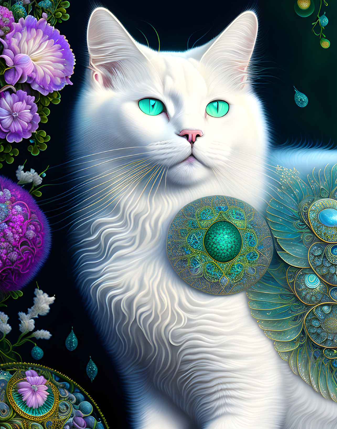 White Cat with Turquoise Eyes and Peacock Feather Patterns in Vibrant Floral Setting