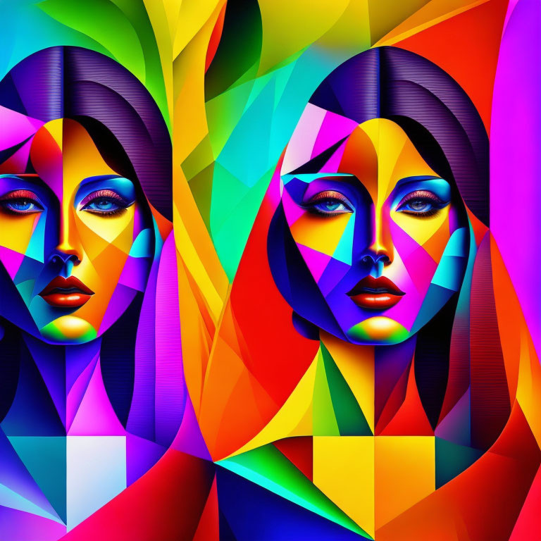 Multicolored geometric patterns on two female faces in digital art.