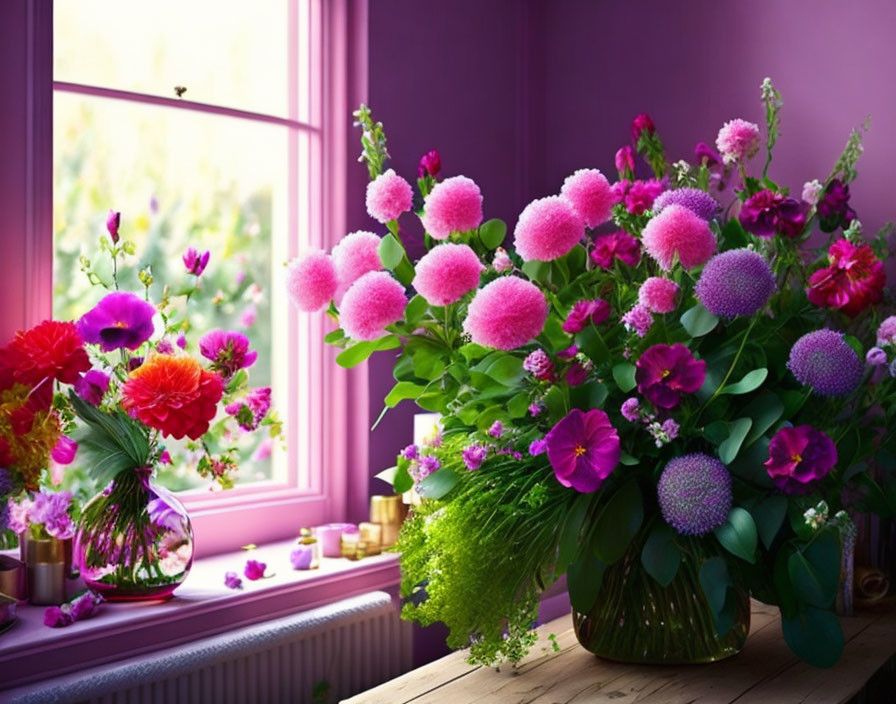 Colorful pink and magenta flower arrangements on windowsill in natural light