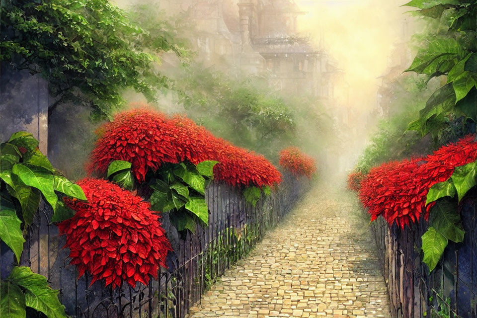 Cobblestone Path with Red Flowering Bushes and Old Building in Mist