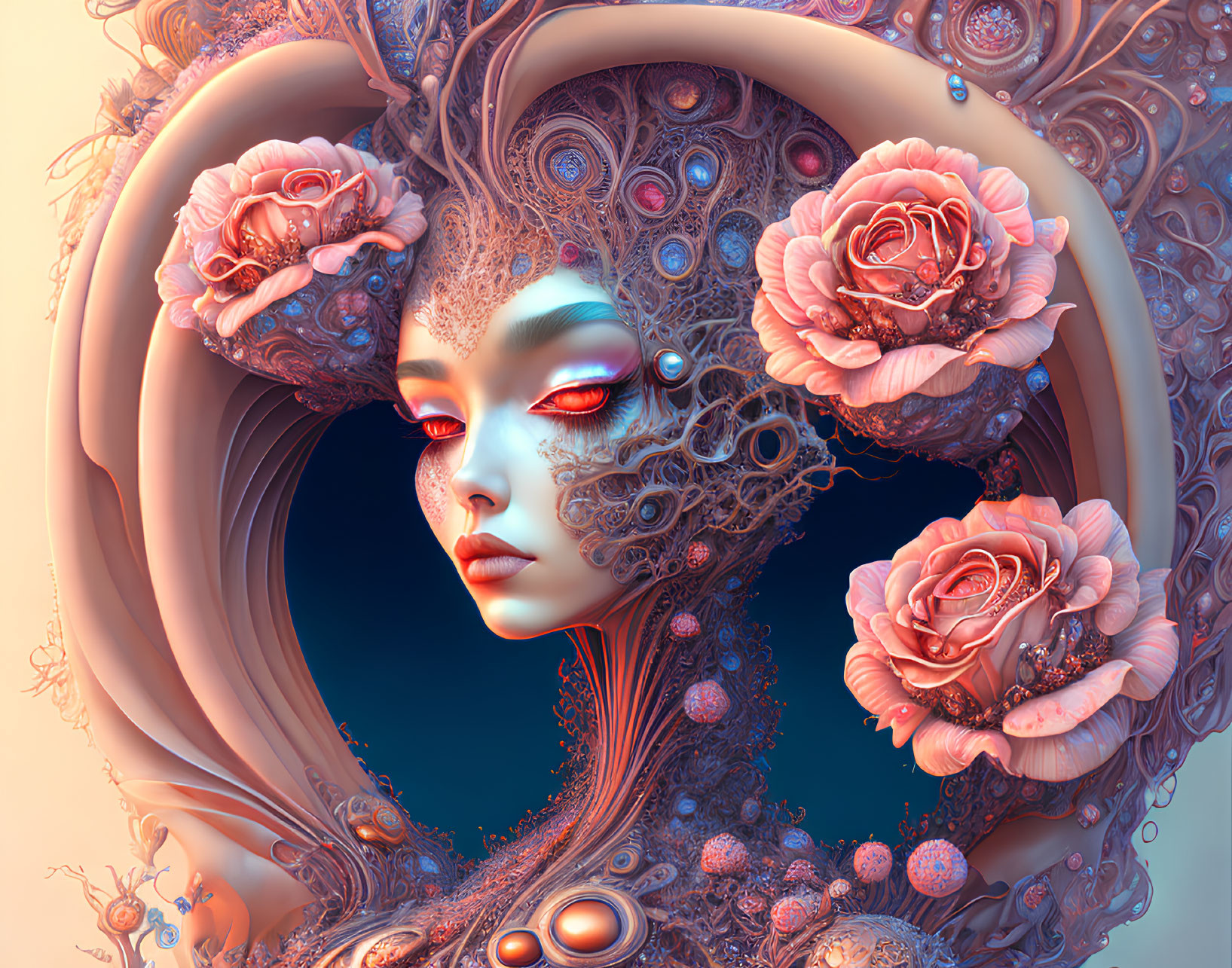 Surreal digital artwork: humanoid figure with floral headdress, intricate lace patterns