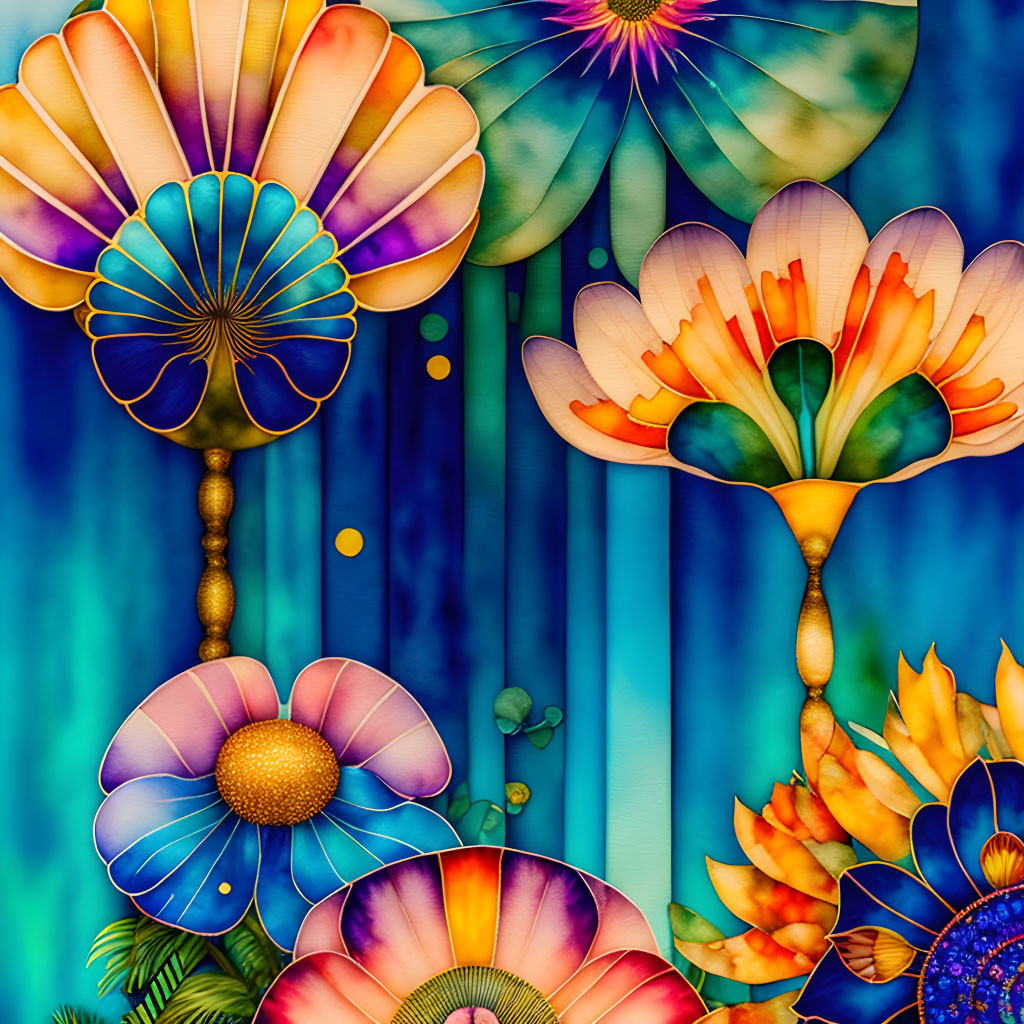 Colorful digital artwork: stylized flowers on textured blue background