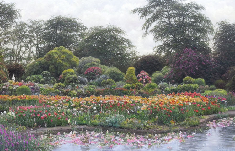 Tranquil garden with colorful flowers, trees, pond, and cloudy sky