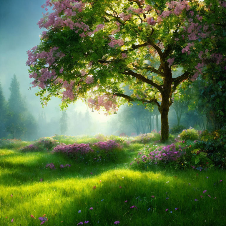 Colorful landscape with blooming pink tree and misty morning background