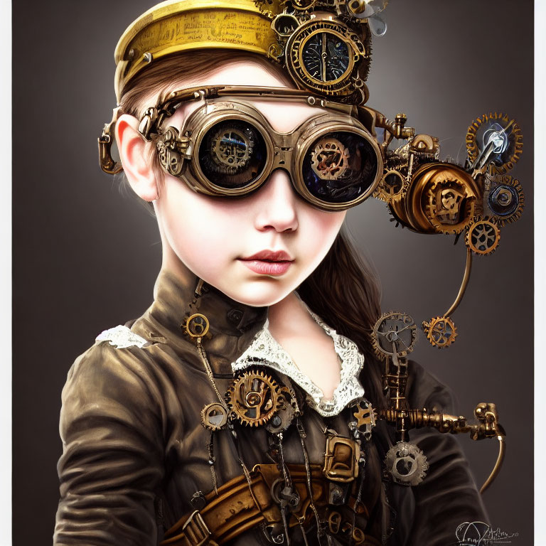 Young girl in steampunk attire with intricate goggles and gears, exuding vintage aesthetic