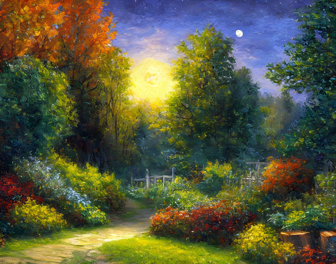 Moonlit garden pathway with glowing light, lush trees, and colorful flowers