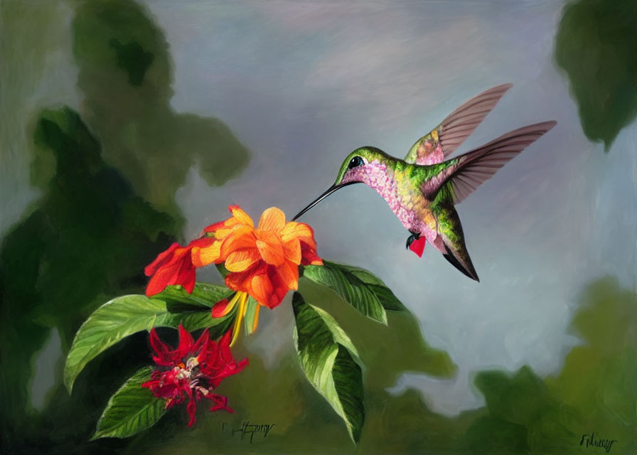 Iridescent hummingbird near orange flowers in green foliage