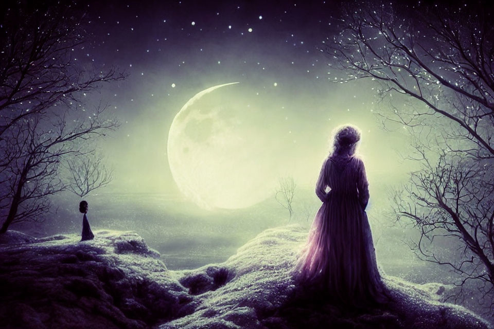 Silhouette of woman in dress in snow-covered hills at night with moon and stars