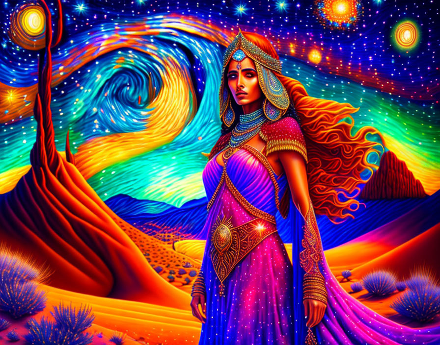 Vibrant digital artwork of woman in cosmic desert landscape