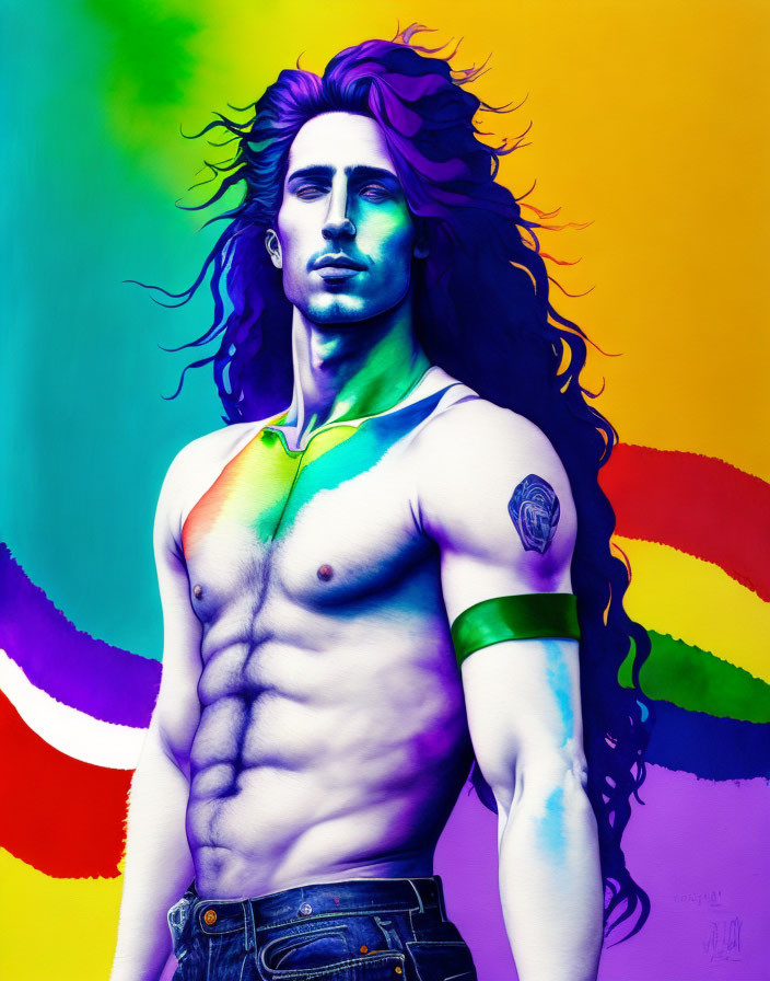 Colorful Portrait of Shirtless Man with Abdominal Muscles and Tattoo