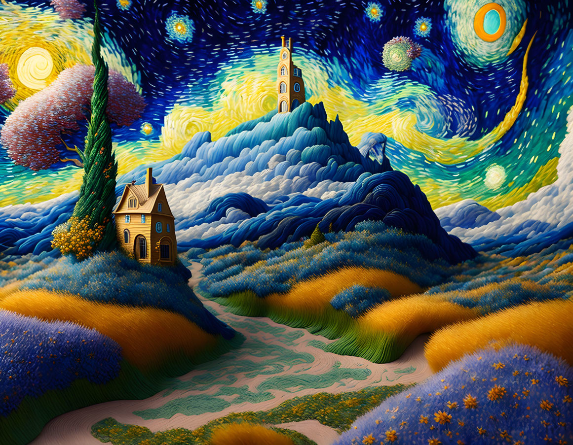 Three-dimensional representation of swirling skies and vibrant landscape