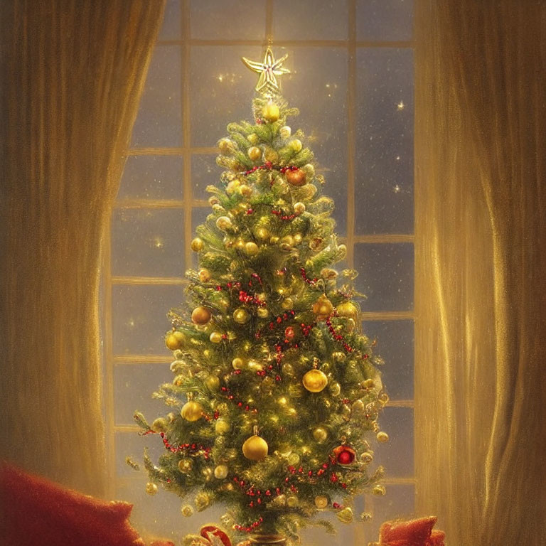 Festive Christmas tree with gold and red ornaments on snowy evening