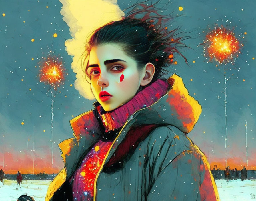 Digital artwork of woman with striking eyes and red mark in wintry scene.