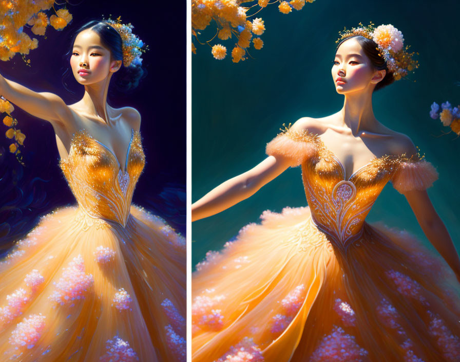 Elegant Woman in Golden Ballgown with Floral Accents