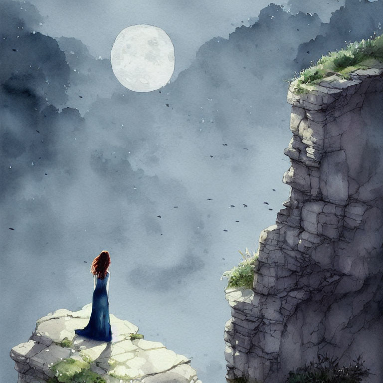 Solitary figure in blue dress on ancient ruins under full moon