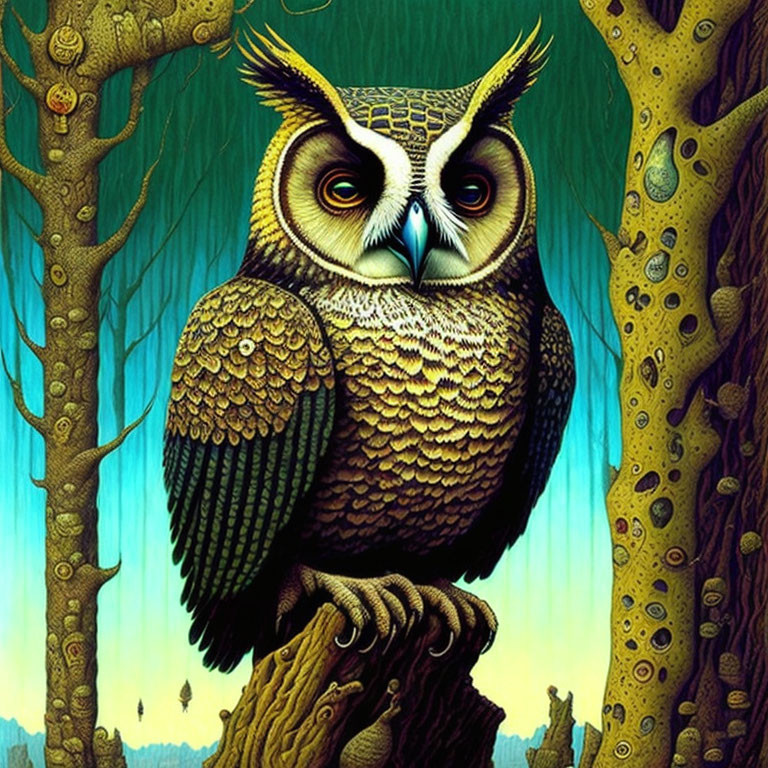 Stylized owl perched on branch in vibrant forest illustration