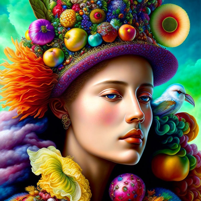 Colorful portrait of a woman with fruit hat and floral details