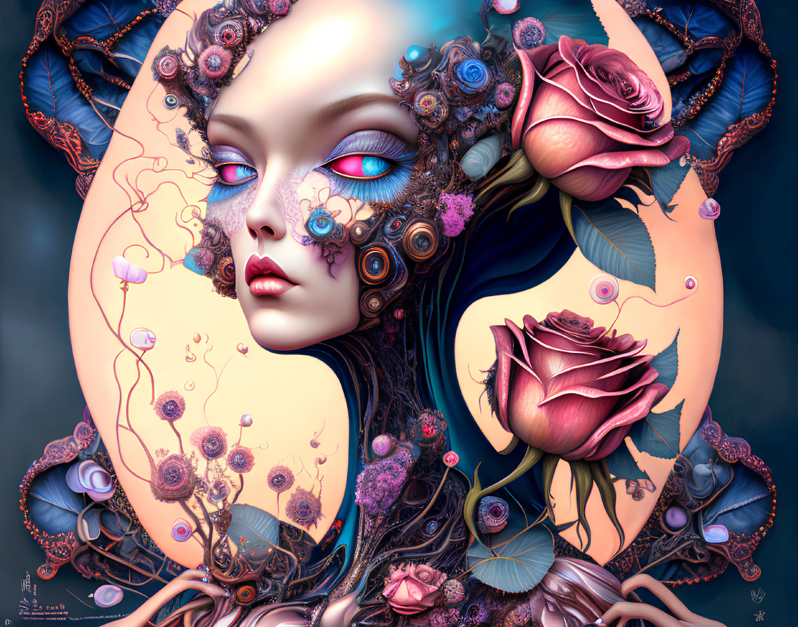 Surreal female portrait with rose motifs and mechanical elements