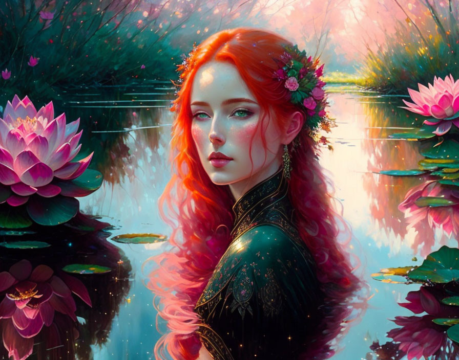 Illustration: Woman with Red Hair & Flower Crown in Magical Pond