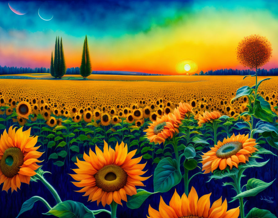 Sunflower Field Painting: Vibrant Sunset Sky & Crescent Moon