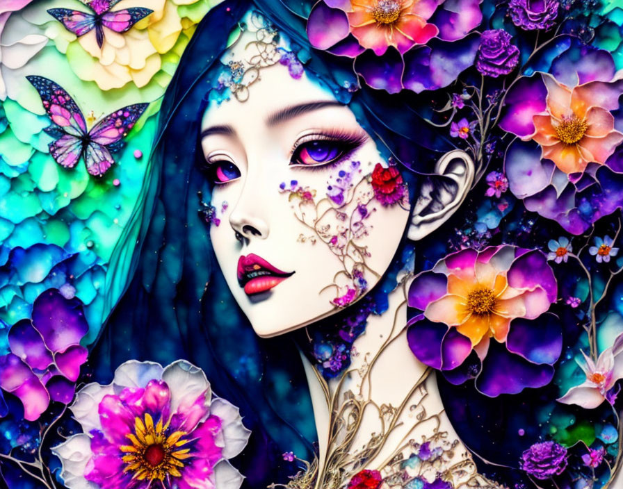 Colorful Woman with Flowers and Butterflies in Vibrant Artwork